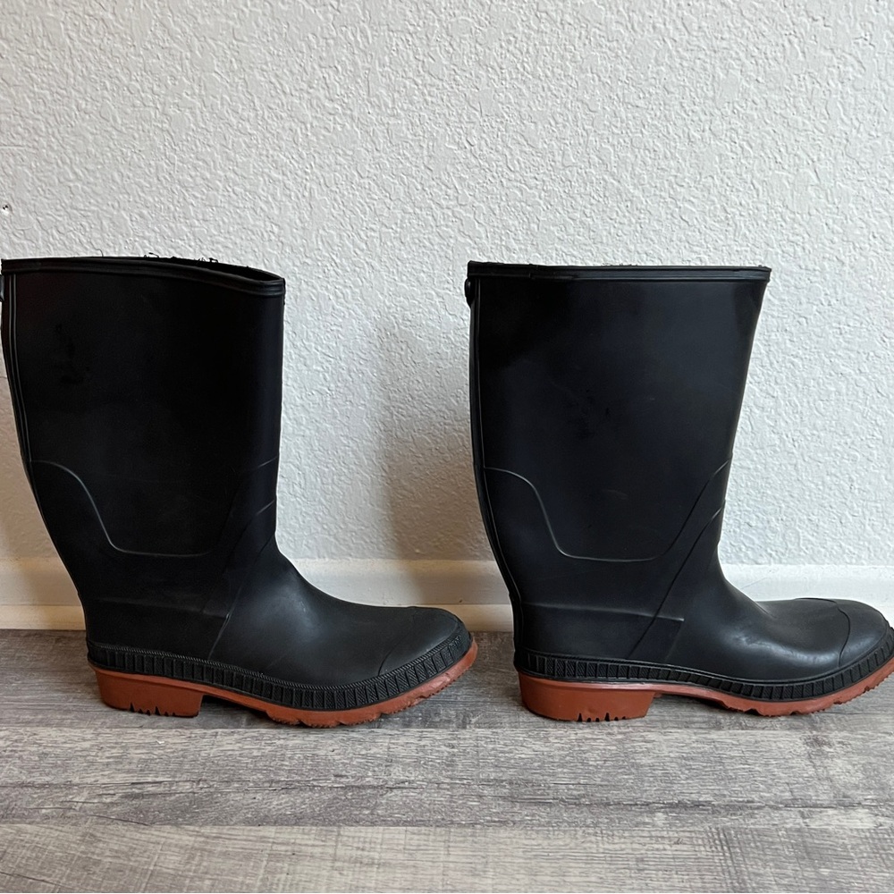Black Rubber Boots with Brown Soles